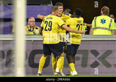 Brüssel, Belgien. August 2023. Casper Terho feiert am Donnerstag, den 24. August 2023, in Brüssel, die erste Runde des Play-offs für den UEFA Europa League-Wettbewerb, nach einem Fußballspiel zwischen der belgischen Royale Union Saint Gilloise und dem Schweizer FC Lugano. BELGA PHOTO LAURIE DIEFFEMBACQ Credit: Belga News Agency/Alamy Live News Stockfoto