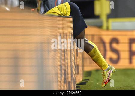 Brüssel, Belgien. August 2023. Lazare Amani reagiert auf ein Fußballspiel zwischen der Belgischen Royale Union Saint Gilloise und dem Schweizer FC Lugano am Donnerstag, den 24. August 2023 in Brüssel, dem ersten Teilspiel des UEFA Europa League-Wettbewerbs. BELGA PHOTO LAURIE DIEFFEMBACQ Credit: Belga News Agency/Alamy Live News Stockfoto