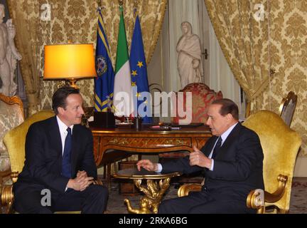 Bildnummer: 54275388  Datum: 04.08.2010  Copyright: imago/Xinhua (100805) -- ROME, Aug. 5, 2010 (Xinhua) -- Italian Prime Minister Silvio Berlusconi (R) meets with his British counterpart David Cameron in Rome, Aug. 4, 2010. The two leaders discussed commercial ties between the two countries and global issues. Cameron was on his first visit to Italy since his taking office. (Xinhua/Yin Yanfei) (zx) ITALY-ROME-BERLUSCONI-CAMERON-MEETING PUBLICATIONxNOTxINxCHN People Politik kbdig xmk 2010 quer premiumd xint     Bildnummer 54275388 Date 04 08 2010 Copyright Imago XINHUA  Rome Aug 5 2010 XINHUA I Stock Photo