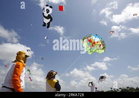 Bildnummer: 54279161  Datum: 06.08.2010  Copyright: imago/Xinhua (100806) -- BALI, Aug. 6, 2010 (Xinhua) -- Contestants participate in a kite flying competition during the annual Sanur Village Festival in Bali, Indonesia, Aug. 5, 2010. The Sanur Village Festival will last until Aug. 8 with traditional cultural and art performances, exhibitions, competitions in the water, as well as seminars. Contestants from 15 countries came here to attend competitions here. (Xinhua/Anta Kesuma) (zx) INDONESIDA-BALI-SANUR VILLAGE FESTIVAL-KITE PUBLICATIONxNOTxINxCHN Gesellschaft Drachen Drachensteigen steigen Stock Photo