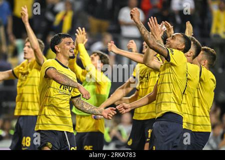 Brussels, Belgium. 24th Aug, 2023. Union's Cameron Puertas Castro celebrates after winning a soccer game between Belgian Royale Union Saint Gilloise and Swiss FC Lugano, Thursday 24 August 2023 in Brussels, the first leg of the play-off for the UEFA Europa League competition. BELGA PHOTO LAURIE DIEFFEMBACQ Credit: Belga News Agency/Alamy Live News Stock Photo