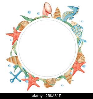 Sea circle frame, cute fish, seaweeds, seashells, red starfish, nautical anchor, orange net and water bubbles. Marine design. Watercolor hand drawn Stock Photo