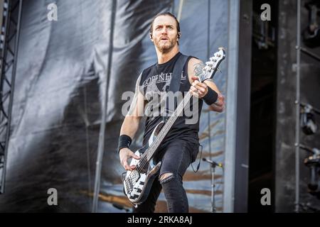 Solvesborg, Sweden. 10th, June 2023. The American hard rock band Alter Bridge performs a live concert during the Swedish music festival Sweden Rock Festival 2023 in Solvesborg. Here bass player Brian Marshall is seen live on stage. (Photo credit: Gonzales Photo - Terje Dokken). Stock Photo