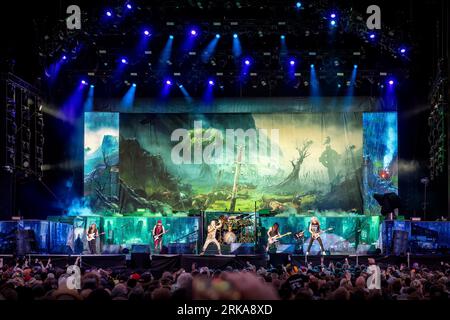 Solvesborg, Schweden. Juni 2023. Die englische Heavy-Metal-Band Iron Maiden spielt ein Live-Konzert während des schwedischen Musikfestivals Sweden Rock Festival 2023 in Solvesborg. (Foto: Gonzales Photo - Terje Dokken). Stockfoto