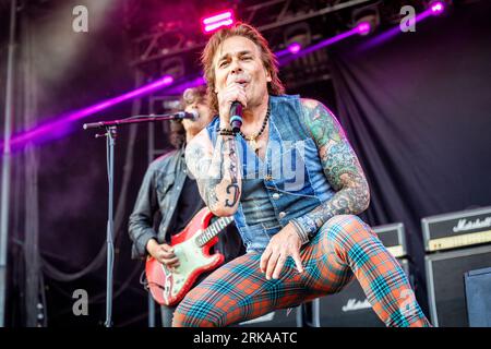 Solvesborg, Schweden. Juni 2023. Der dänische Hard-Rock-Musiker und Sänger Mike Tramp spielt ein Live-Konzert während des schwedischen Musikfestivals Sweden Rock Festival 2023 in Solvesborg. (Foto: Gonzales Photo - Terje Dokken). Stockfoto