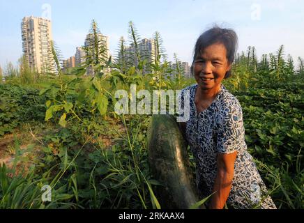 Bildnummer: 54297165  Datum: 13.08.2010  Copyright: imago/Xinhua (100815) -- HANGZHOU, Aug. 15, 2010 (Xinhua) -- A woman holds a white gourd in a field beside an appartment building in northern Hangzhou, capital of east China s Zhejiang Province, Aug. 13, 2010. Local residents in a community in northern Hangzhou found a piece of wasteland near their building and spend their leisure time in planting vegetable on it. In this way, the residents harvest vegetables grown by themselves and enjoy a rural life in the modern city. (Xinhua/Xu Yu) CHINA-HANGZHOU-URBAN FARM LIFE (CN) PUBLICATIONxNOTxINxCH Stock Photo