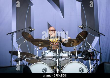 Solvesborg, Sweden. 09th, June 2023. The Norwegian heavy metal band TNT performs a live concert during the Swedish music festival Sweden Rock Festival 2023 in Solvesborg. Here drummer Diesel Dahl is seen live on stage. (Photo credit: Gonzales Photo - Terje Dokken). Stock Photo