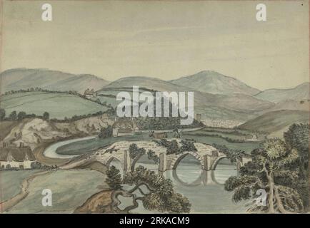 Vierbogige Steinbrücke über den Fluss mit Blick auf eine Stadt, Hügel im Hintergrund 1789 von Charles Byrne Stockfoto