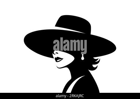 Vector Silhouette Porträt einer Frau mit Hut. Schwarz-Weiß-Illustration eines wunderschönen Mädchens, Vintage Cutout-Stil, Designvorlage für Logo Stock Vektor