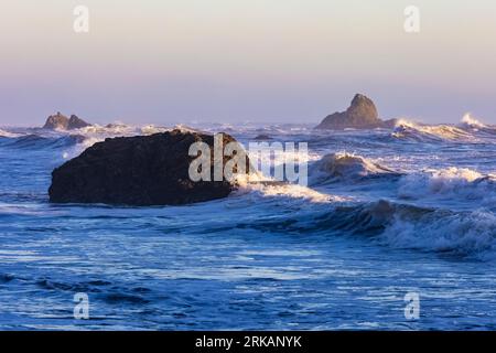 Wellen stürzen auf Felsen im Ruby Beach, Olympic National Park, Washington State, USA Stockfoto