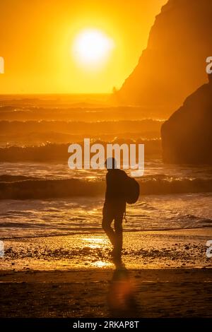 Mann, der bei Sonnenuntergang am Ruby Beach, Olympic National Park, Washington State, USA läuft [keine Modellveröffentlichung; nur redaktionelle Lizenzierung] Stockfoto