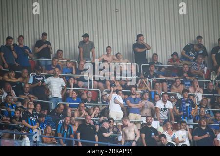 Pamplona, Spain, 24th August, 2023: Club Brugge fans during the first leg of the previous round of the UEFA Europa Conference League 2023-24 between CA Osasuna and Club Brugge at El Sadar Stadium, in Pamplona, on August 24, 2023. Credit: Alberto Brevers / Alamy Live News. Stock Photo