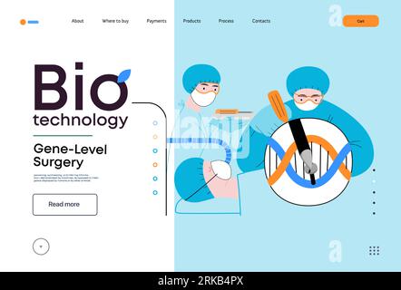 Bio-Technologie, GeneLevel-Chirurgie - modernes Flachvektorkonzept zur Darstellung präziser genetischer Modifikationen auf molekularer Ebene. Metapher von Treati Stock Vektor