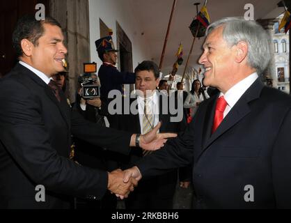 Bildnummer: 54529835  Datum: 11.10.2010  Copyright: imago/Xinhua (101012)-- QUITO, Oct. 12, 2010 (Xinhua) -- Ecuadorian President Rafael Correa (L) greets his Chilean counterpart Sebastian Pinera at the Palacio de Carondelet in Quito, Ecuador, Oct. 11, 2010. Chilean President Sebastian Pinera is visiting Ecuador to show his support to Rafael Correa. (Xinhua/Santiago Armas) (lyx) ECUADOR-QUITO-CHILE-POLITICS PUBLICATIONxNOTxINxCHN People Politik kbdig xcb 2010 quer     Bildnummer 54529835 Date 11 10 2010 Copyright Imago XINHUA  Quito OCT 12 2010 XINHUA Ecuadorian President Rafael Correa l greet Stock Photo