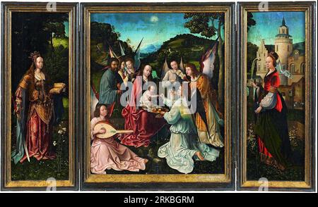 The Holy Family with Angels, St Catherine and St Barbara first half of 16th century by Master of Hoogstraeten Stock Photo