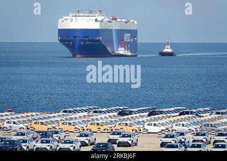 YANTAI, CHINA - 23. AUGUST 2023 - Auto-Ro-Schiffe legen am Yantai-Hafen an, um Exportfahrzeuge in Yantai, Provinz Shandong, China, zu laden, 23. August 2 Stockfoto