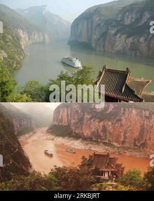 Bildnummer: 54565768 Datum: 26.10.2010 Copyright: imago/Xinhua (101026) -- CHONGQING, Okt. 26, 2010 (Xinhua) -- ein Combo-Foto zeigt die Qutang-Schlucht, eine der drei Schluchten am Changjiang-Fluss, nachdem der Wasserstand des Three Gorges Reservoir am 17. Oktober 2006 156 Meter und das vor dem Wasserstand von 135 Metern erreicht hatte (Dateifoto). Der Wasserstand erreichte am 26. Oktober 2010 im Three Gorges Reservoir 175 Meter. Die 175-Meter-Marke, ein Meilenstein beim Bau des gigantischen Stausees, würde es dem Projekt ermöglichen, seine Funktionen als Hochwasser zu erfüllen Stockfoto