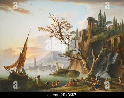 Eine Küstenlandschaft bei Sonnenuntergang, mit Fischern, die ihre Boote anlegen, und Figuren an der Küste 1750 von Charles Francois Grenier de Lacroix Stockfoto