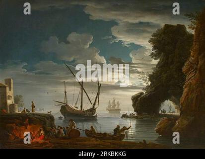 Seaport by Moonlight - Night (nach Claude-Joseph Vernet) 1751 von Charles Francois Grenier de Lacroix Stockfoto