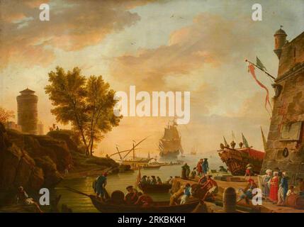 Harbour Scene - Abend (nach Claude-Joseph Vernet) 1751 von Charles Francois Grenier de Lacroix Stockfoto