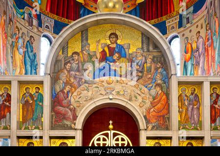 A fresco depicting the Last Supper above the altar of the Serbian Orthodox Saint Mark's Church (1940) in Belgrade, Serbia Stock Photo