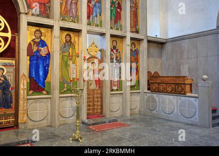 Part of the altar of the Serbian Orthodox Saint Mark's Church (1940) in Belgrade, Serbia with icons of Jesus, St. John, St. Sava and St. George Stock Photo