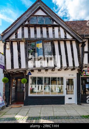 Worcester,Worcestershire,UK-August 21 2023:Some buildings have subsided over hundreds of years,along this cobbled street,saved from the developers,and Stock Photo