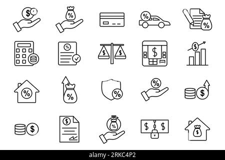 Credit and loan set icon. Contains icons credit, loan, leasing, mortgage, etc. suitable for web site design, app, user interfaces, printable etc. Line Stock Vector