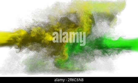 Gelbe und grüne Rauchspuren stoßen auf einen weißen Hintergrund. 3D Abbildung. Stockfoto