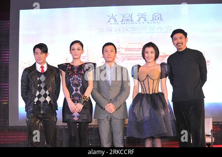 Bildnummer: 54743945  Datum: 12.12.2010  Copyright: imago/Xinhua BEIJING , Dec. 12, 2010 (Xinhua) -- Chinese pop stars Aaron Kwok (L), Joe Chen (2nd L), Donnie Yen (C), Xia Zitong and Chow Yun-fat (R) pose at a press conference held in Beijing, capital of China, Dec. 12, 2010 to promote the new 3D film The Monkey King . The action fantasy movie draws on the Journey to the West, a legend story of an immortal monkey being converted to the Buddhism and helping his master with the great pilgrimage to India. (Xinhua/Ji Guoqiang) (ljh) CHINA-BEIJING-THE MONKEY KING-PUBLICITY CONFERENCE (CN) PUBLICAT Stock Photo