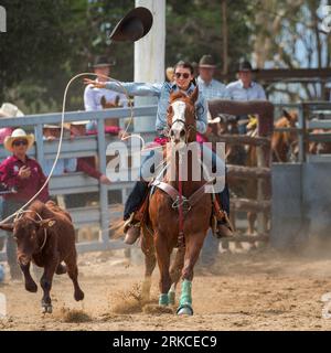 A cowgirl hat flying in mid-air successfully lassoos here calf in the individual break-away roping  event at the 2023 Mareeba Rodeo. Stock Photo