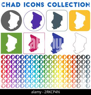 Chad Icons Sammlung. Helle, farbenfrohe, trendige Kartensymbole. Modernes Tschad-Abzeichen mit Landkarte. Vektorabbildung. Stock Vektor