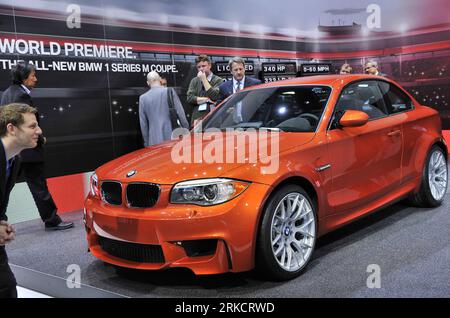 Bildnummer: 54798265  Datum: 10.01.2011  Copyright: imago/Xinhua (110110) -- DETROIT, Jan. 10, 2011 (Xinhua) -- The all-new BMW 1 Series M Coupe is unveiled at the North American International Auto Show (NAIAS) in Detroit, the United States, Jan. 10, 2011. The 2011 NAIAS kicked off on Monday at the Cobo center in Detroit, the U.S. auto city, with more than 40 global top-notch auto brands showcasing their latest products and technology. (Xinhua/Zhang Jun) (wjd) US-DETROIT-NAIAS-OPENING PUBLICATIONxNOTxINxCHN Wirtschaft Automesse Messen Autoshow Auto Show Detroit Objekte kbdig xdp premiumd 2011 Stock Photo