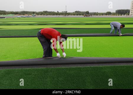 LUANNAN COUNTY - 15. Oktober 2018: Kunstrasen auf einem Sportplatz, Luannan County, Provinz Hebei, China Stockfoto