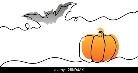 Ripe orange bright pumpkin and bat in line art style, banner with copy space on white background, happy halloween concept, autumn harvest, halloween Stock Vektor