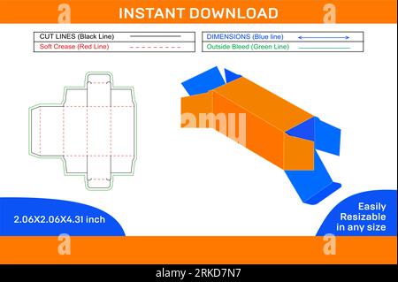 Straight tuck end folding box, Dieline template and 3D box editable easily resizeable Stock Vector