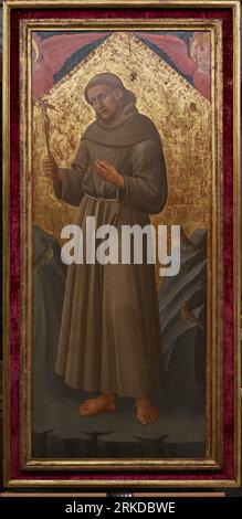 St. Francis of Assisi receives the miraculous stigmata while in prayer on a mountainous retreat Florence by Domenico di Michelino Stock Photo