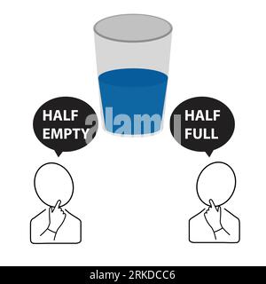 Glas mit Wasser und zwei Personen mit Sprechblasen mit halb leeren und halb vollen Botschaften, optimistisches und pessimistisches Konzept Stock Vektor