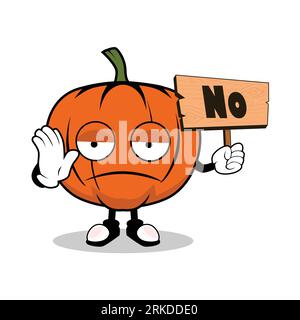 Pumpkin Cartoon Mascot holding up a wood sign with word NO Stock Vektor
