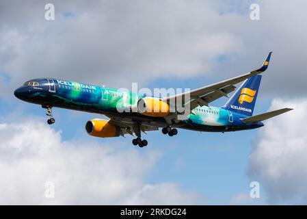 Icelandair Boeing 757 jet airliner plane TF-FIU on finals to land at London Heathrow Airport. Special Aurora Borealis paint scheme named Hekla Aurora Stock Photo