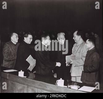 Chairman Mao Zedong (2nd, R), late Chinese Leader, Liu Shaoqi(3rd, R), late Chinese President and Communist Leader, Zhou Enlai(2nd, L), late Chinese Premier, Deng Xiaoping(1sr, R) China late leader and other participants take part in the 7,000 people nation congress in Beijing, capital of China, in February, 1962 PUBLICATIONxNOTxINxCHN   Chairman Mao Zedong 2nd r Late Chinese Leader Liu Shaoqi 3rd r Late Chinese President and Communist Leader Zhou Enlai 2nd l Late Chinese Premier Deng Xiao Ping 1sr r China Late Leader and Other Participants Take Part in The 7 000 Celebrities Nation Congress in Stock Photo