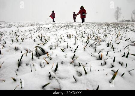 Bildnummer: 54965741  Datum: 28.02.2011  Copyright: imago/Xinhua (110228) -- JIAOZUO, Feb. 28, 2011 (Xinhua) -- Farmers cast fertilizer in a snow-clad wheat field at Ziyangmen Village in Jiaozuo City, central China s Henan Province, Feb. 28, 2011. On Monday, snowfalls hit many drought-stricken provinces in northern and eastern China and brought more precipitation to these parched regions. (Xinhua/Xu Hongxing) (ljh) #CHINA-SNOW-DROUGHT-HIT REGIONS (CN) PUBLICATIONxNOTxINxCHN Gesellschaft Wirtschaft Landwirtschaft Jahreszeit Winter Schnee Feld Acker kbdig xo0x xsk 2011 quer     Bildnummer 549657 Stock Photo