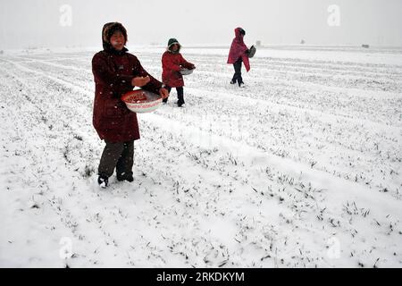 Bildnummer: 54965740  Datum: 28.02.2011  Copyright: imago/Xinhua (110228) -- JIAOZUO, Feb. 28, 2011 (Xinhua) -- Farmers cast fertilizer in a snow-clad wheat field at Ziyangmen Village in Jiaozuo City, central China s Henan Province, Feb. 28, 2011. On Monday, snowfalls hit many drought-stricken provinces in northern and eastern China and brought more precipitation to these parched regions. (Xinhua/Xu Hongxing) (ljh) #CHINA-SNOW-DROUGHT-HIT REGIONS (CN) PUBLICATIONxNOTxINxCHN Gesellschaft Wirtschaft Landwirtschaft Jahreszeit Winter Schnee Feld Acker kbdig xo0x xsk 2011 quer     Bildnummer 549657 Stock Photo