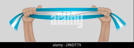 3D illustration. Hand holding flag of Honduras on a fabric ribbon background. It is a flag that was introduced in 2022. Stock Photo