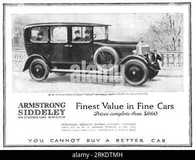 1923 britische Werbung für einen Armstrong Siddeley Sechszylinder-Pullman-Limousinenwagen. Stockfoto