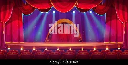 Cartoon theater stage with red curtains, spotlights and rows of empty seats. Vector illustration of concert hall interior, wooden scene with velvet dr Stock Vector