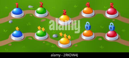 Game level progress indicator on green lawn. Vector cartoon illustration of colorful buttons marked with numbers, closed locks and bonus golden stars Stock Vektor