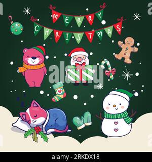 Weihnachts- und Neujahrskarte mit süßen Zeichentrickfiguren. Vektorillustration. Stock Vektor