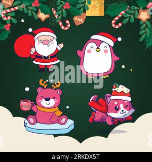 Set mit süßen Zeichentricktieren in Weihnachtsmannkleidung. Vektorillustration. Stock Vektor