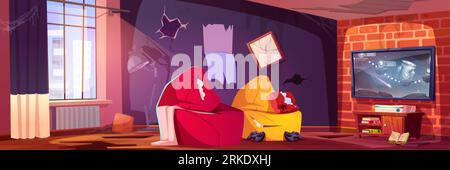 Verlassenes Zimmer mit beschädigten Möbeln. Vektorzeichentrick mit zerrissenen Tapeten, zerrissenem Bilderrahmen, Spinnennetz in staubigen Ecken, Stock Vektor